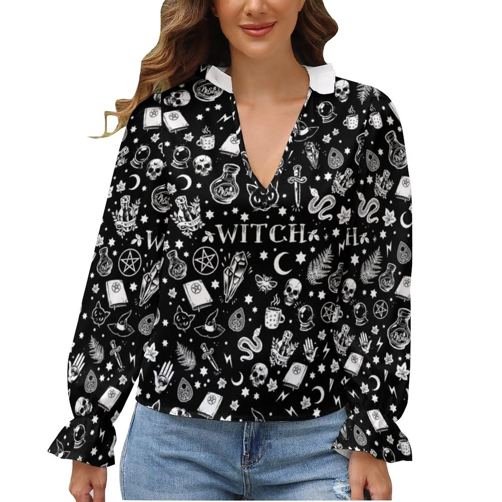 

Gothic Blouse Witch Puff Sleeve V Neck Sexy Social Shirt Ladies Sale Shirts