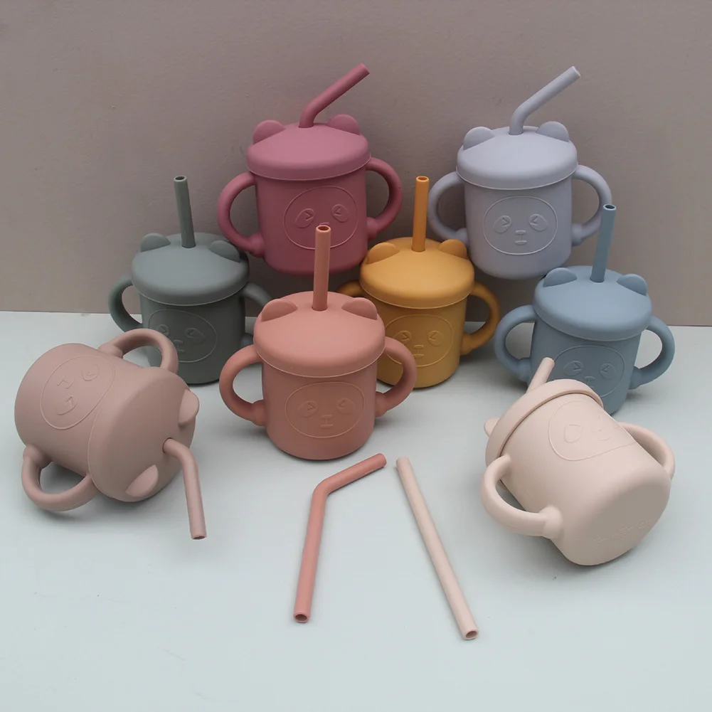 

Детская семейная с 2 соломинками, мультяшная обучающая Питьевая чашка, бутылочки для воды, без БФА, Нескользящие, с посудой для напитков