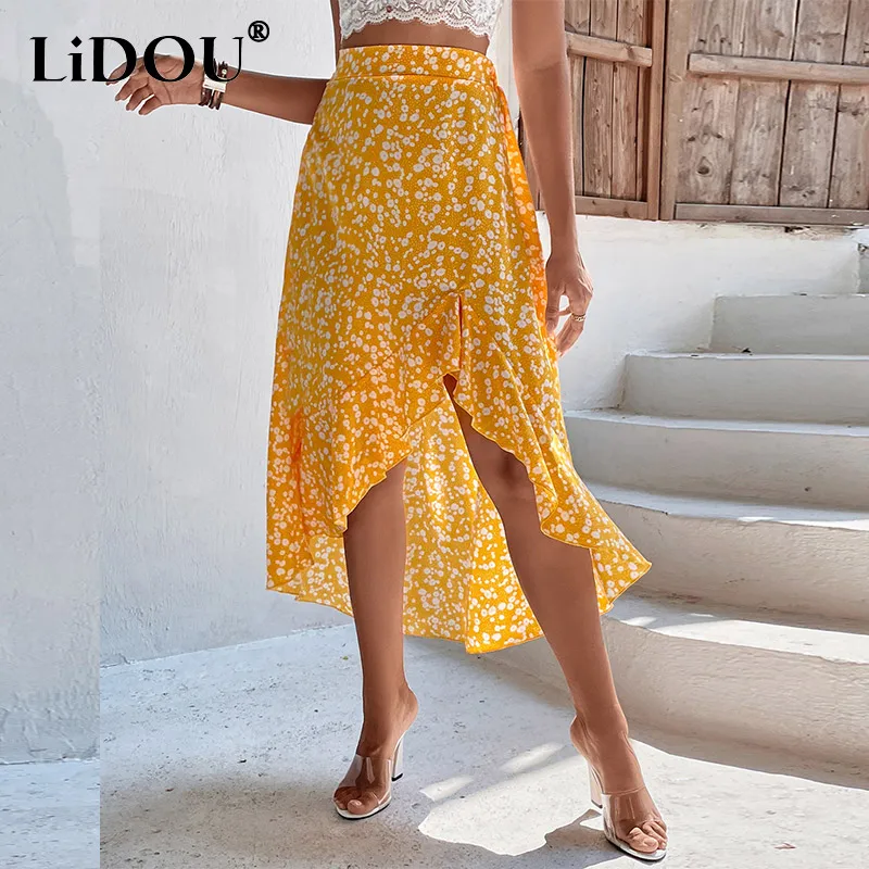 

2022 Summer Bohemian Vintage Floral Print Loose Casual Irregular Skirt Ladies Beach Holiday A-line Skirts Women Fashion Clothing