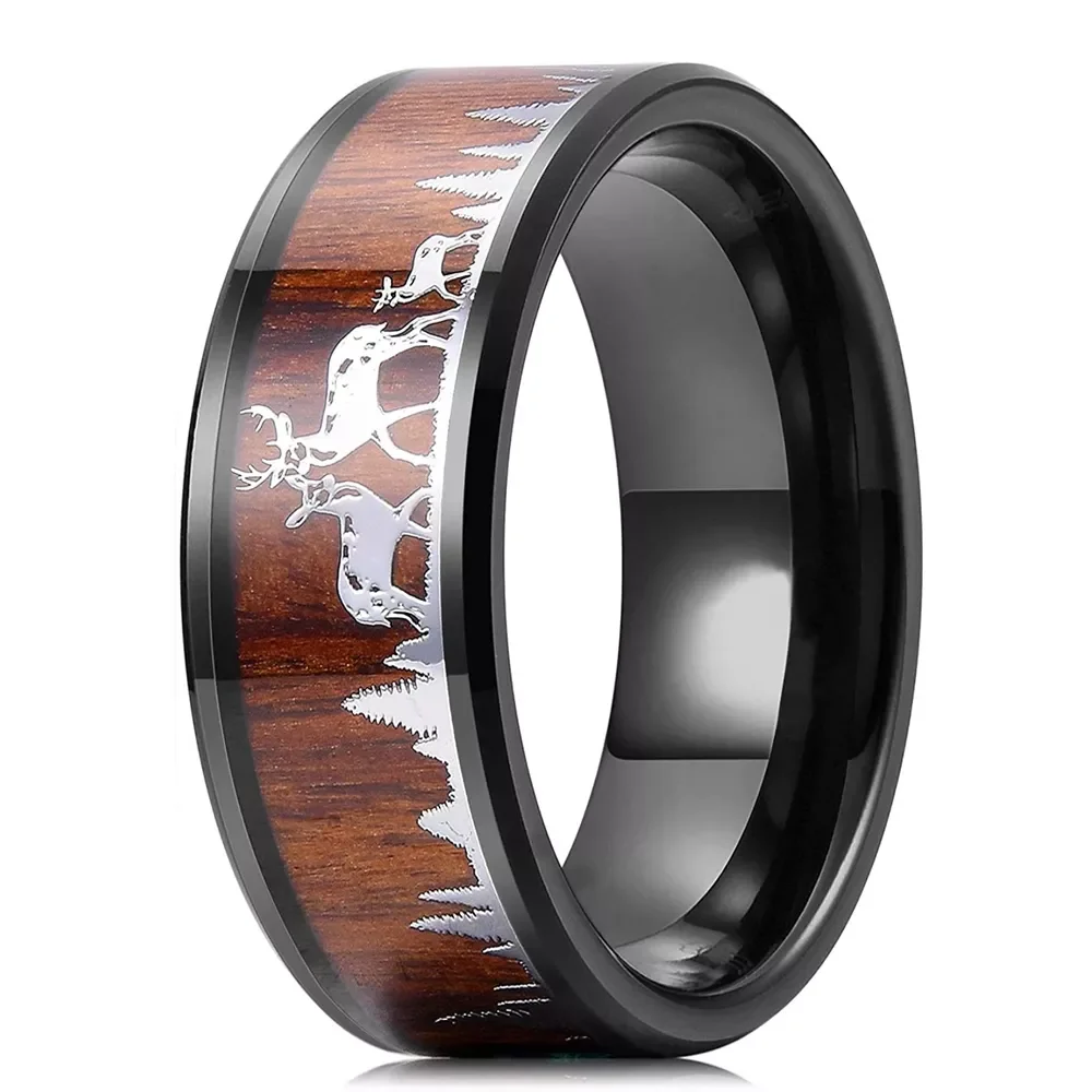 

Fashion 8mm Men Black Tungsten Wild Life Hunting Ring Koa Wood Inlay Deer Family Silhouette Steel Ring Men Wedding Band