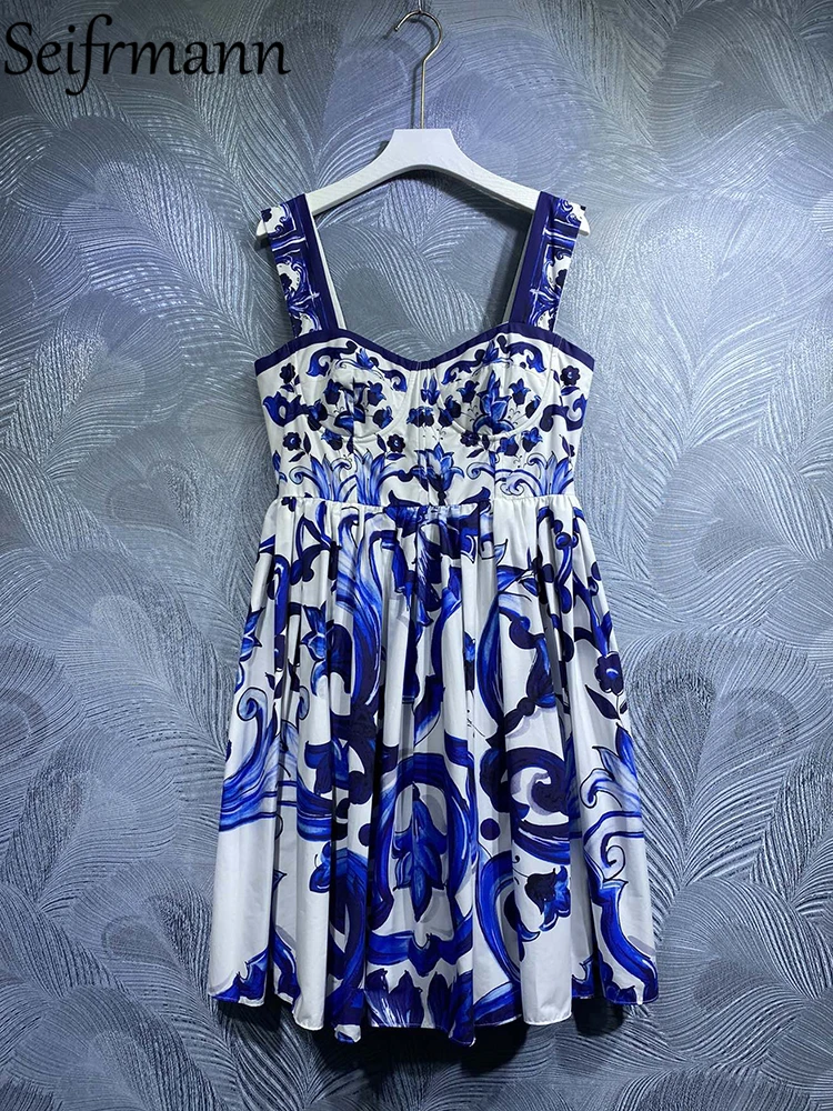 Seifrmann High Quality Summer Women Fashion Runway Cotton Dress Sexy Spaghetti Strap Blue And White Porcelain Printed Dresses