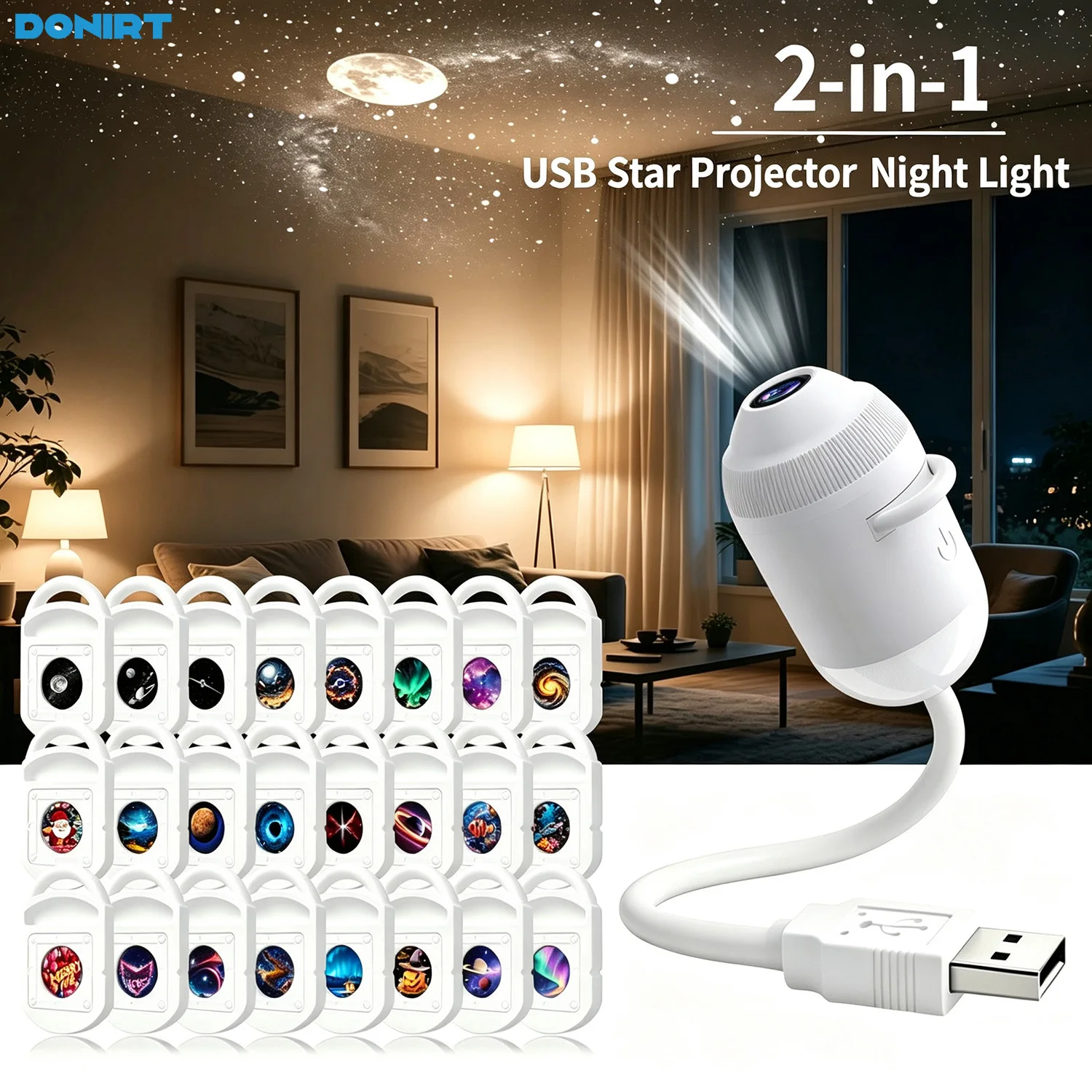 Фото Проектор-ночник 2-в-1 USB Galaxy для автомобиля: лампа для проекции звездного неба на потолок с ручной фокусировкой, создающая атмосферу звездного неба №1