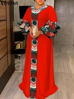 vonda 2022 oversize femme v neck printed party maxi dress stylish women 34 sleeve holiday vestido female patchwork a line robe