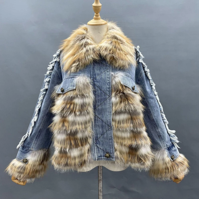 Winter Coat Fake Bag Cover Raw Edge Denim Jacket Car Strip Raccoon Fur Stitching Fur Down Jacket Street Hipster Women Clothing