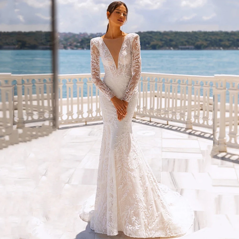 

Elegant V-Neck Long Sleeves Lace Appliques Mermaid Wedding Dress For Bride Button Decoration Flower Print Beach Vestido De Novia