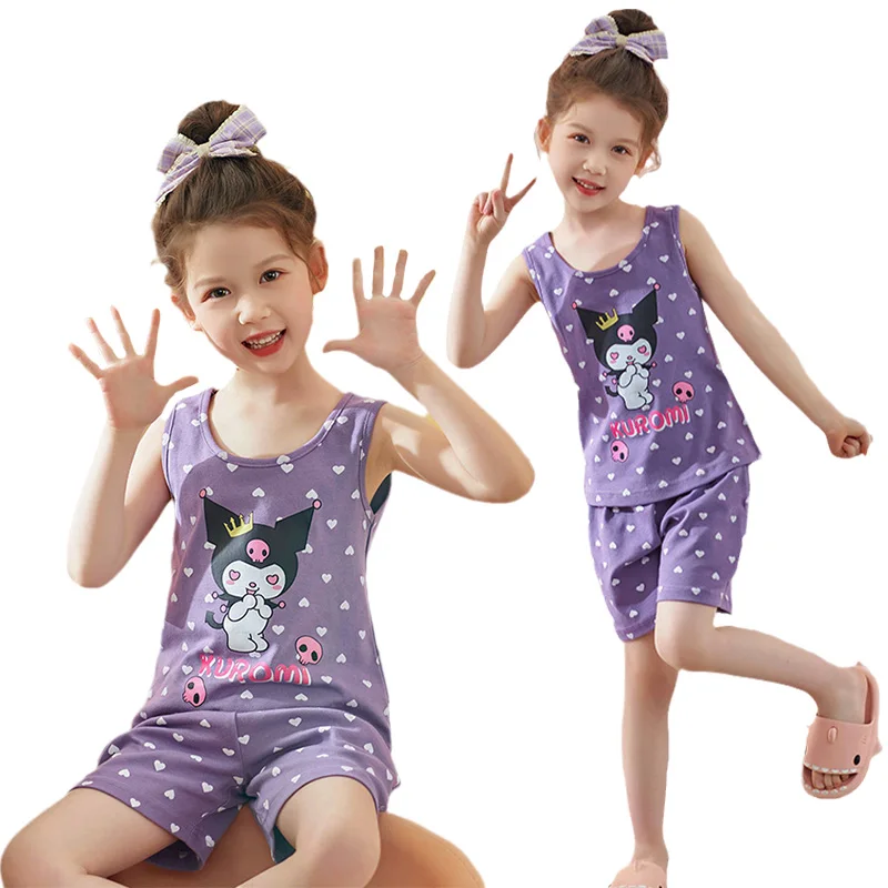 

Kawaii аниме Sanrios MyMelody Kuromi Cinnamoroll Подтяжки пижамы для девочек детские летние хлопковые майки мультфильм комплект домашней одежды подарок