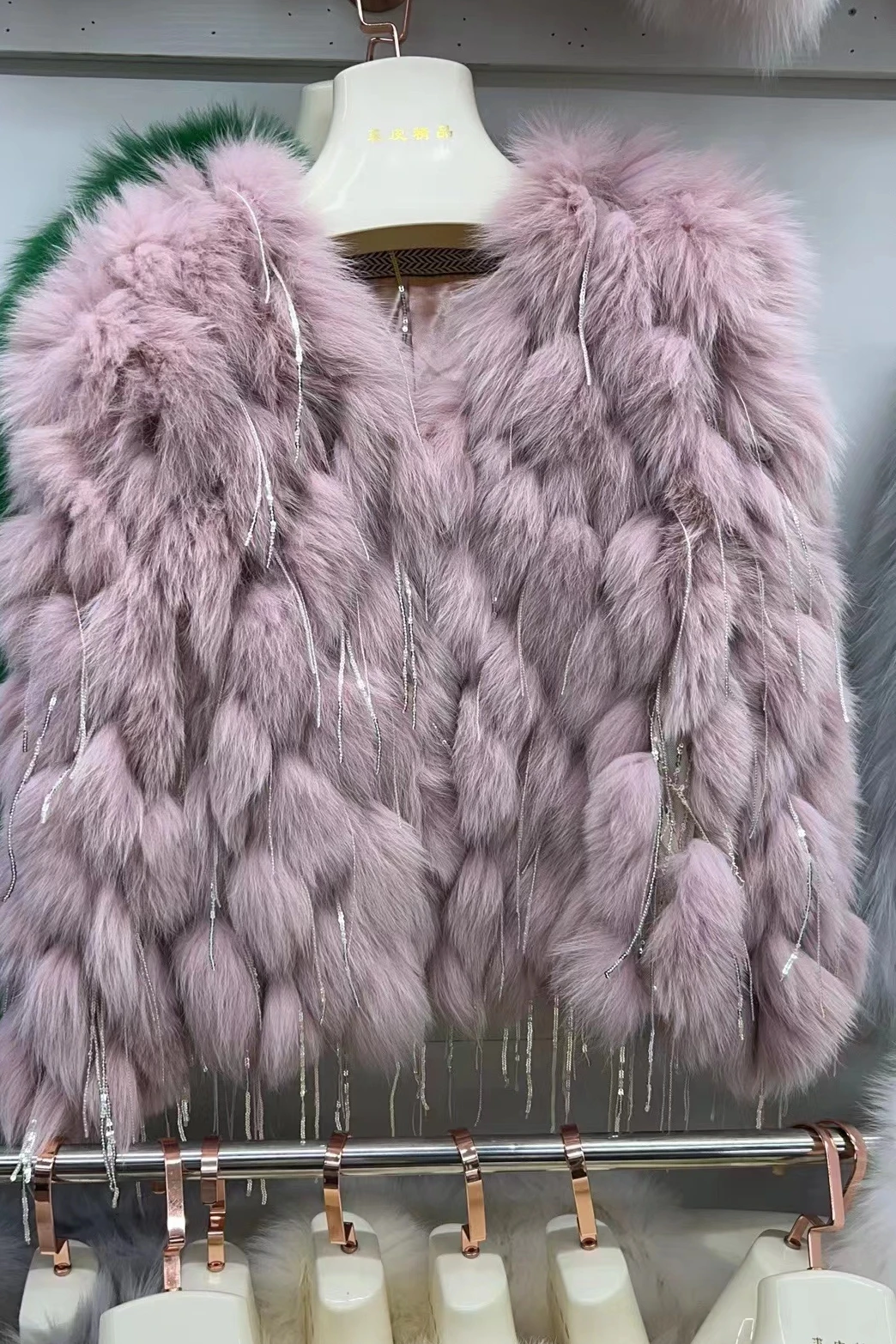 Net Red Autumn Winter Real Fox Fur Jacket Coat for Women Multicolor Solid Short Outwear Shiny Sequins Tassel Lady Fur Coats