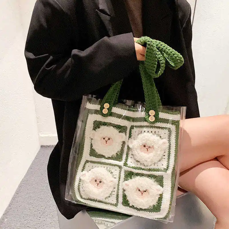 

Diy Handmade Kawaii Little Sheep Wool Material Bag Handwoven Diy Crochet Gift With Pvc Transparent Bag