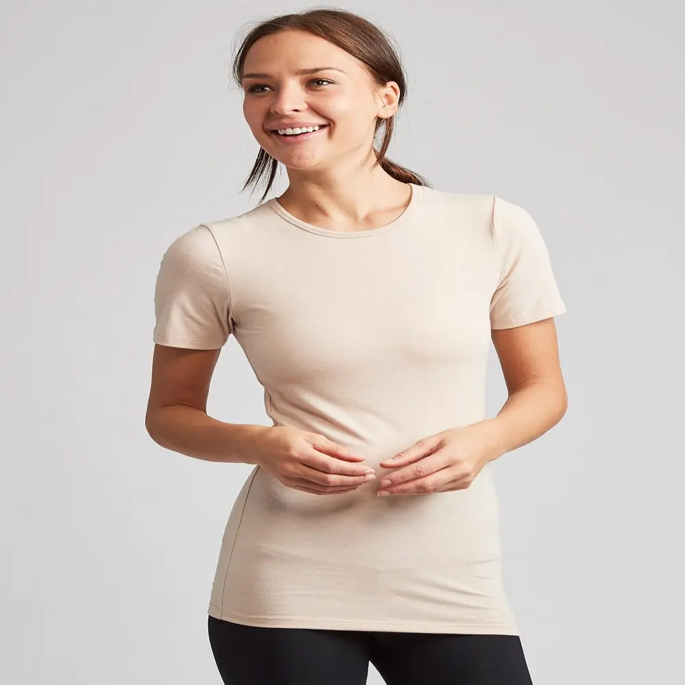 

Luxurious Medium Women's 4-Pack Earth Tones Crewneck T-Shirt Base Layer with Soft, Slim Fit Design.
