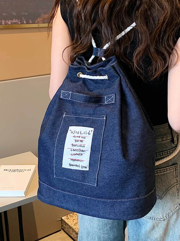 

New Fashion Denim Double Shoulder Women's Bag Large Capacity Bucket Schoolbag Simple Leisure Versatile Travel Backpack For Women