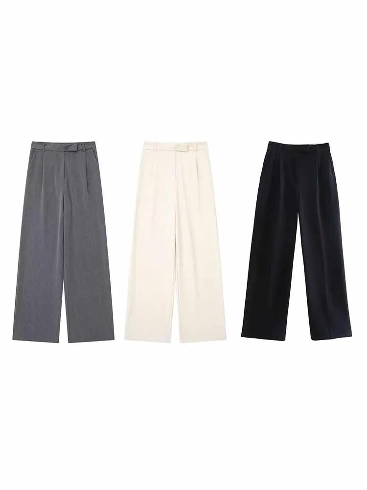 

BSK&ZA&TRF Women 2023 New Chic Fashion Pleat Casual Wide leg Pants High Waist Side pocket Zipper Female Trousers Mujer 8372/124