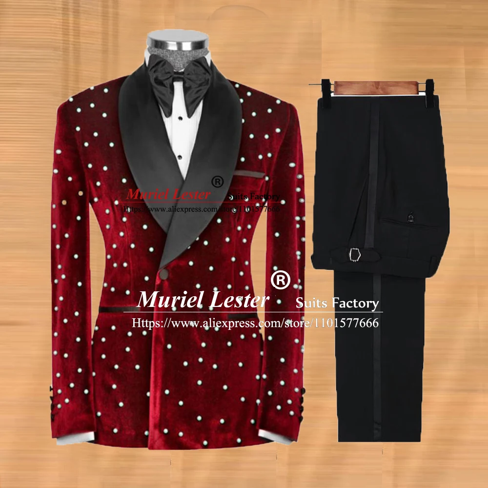 Burgundy Wedding Suit For Men Slim Fit Elegant Velvet Blazer White Pearls Hand Sewn Jacket Pants 2 Pieces Groom Business Tuxedo