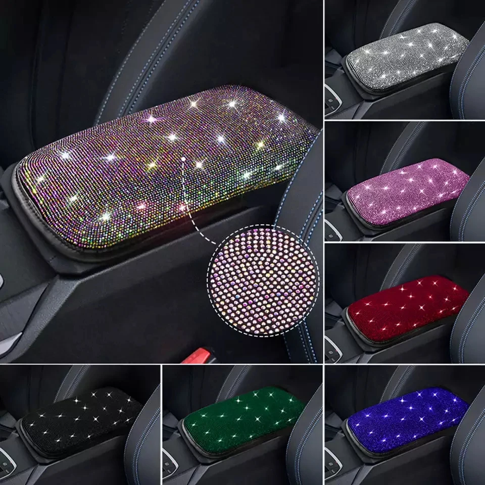 Crystal Diamond Car Armrest Cover Rhinestone Bling Shining Auto Center Console Protective Cushion Pad Car Interior Accessories