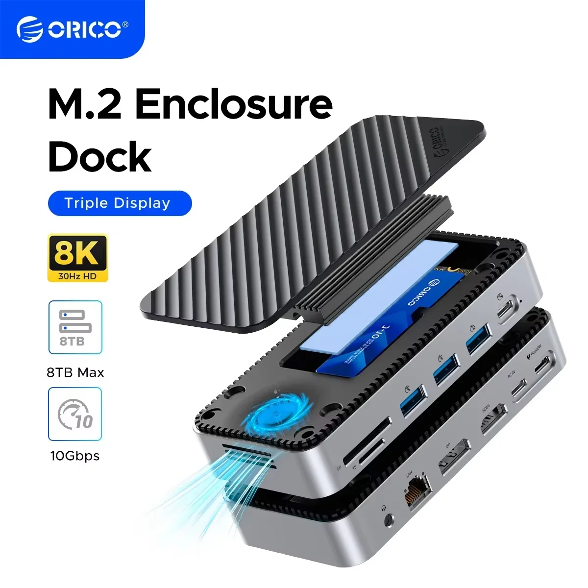 Фото ORICO 10Gbps USB C Display HUB M.2 NVMe SATA SSD Enclosure Dock с охлаждающим вентилятором, внешняя док-станция с HDMI, RJ45, PD100W №1