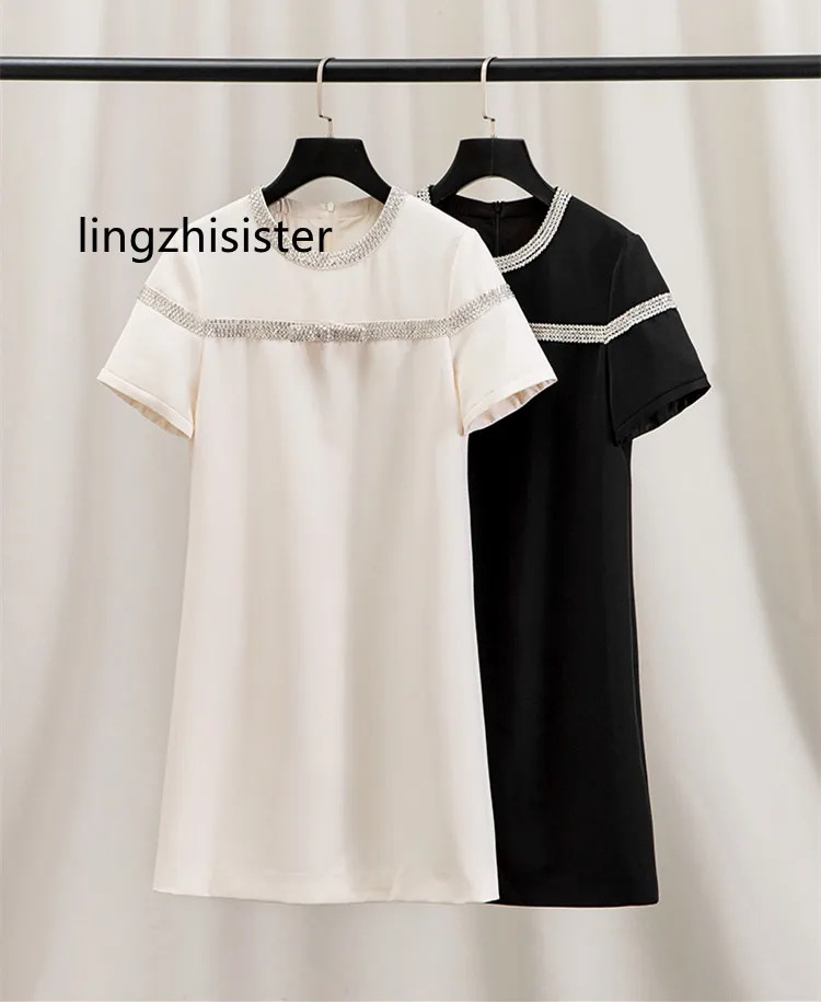 

Women Apricot Dress Top Quality Exquisite Handmade Beading Sequins Short Sleeve A-Line Dresses Female Summer White Black New