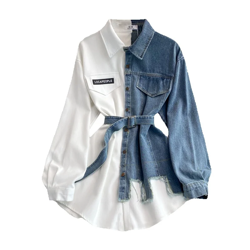 Джинсовое лоскутное платье с лацканами на осень-зиму новая корейская версия