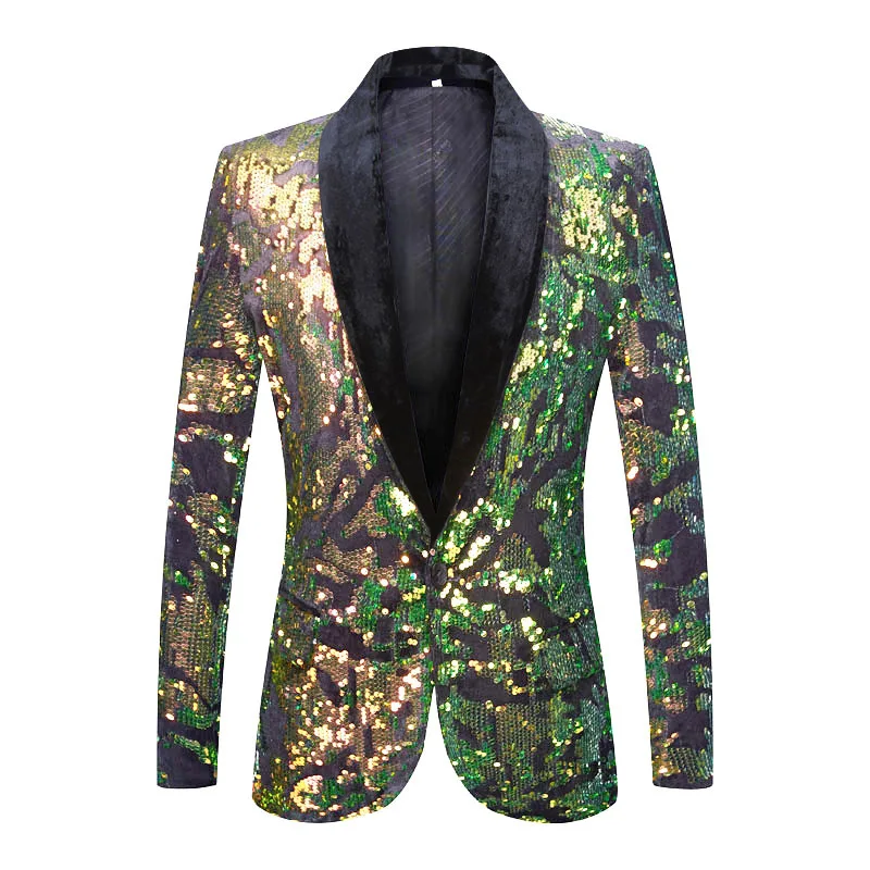 

Shiny Green Squins Slim Fit Blazer Coat Mens 2022 Fashion Shawl Lapel Suit Jacket Men Party Wedding Groom Stage Singers Costume
