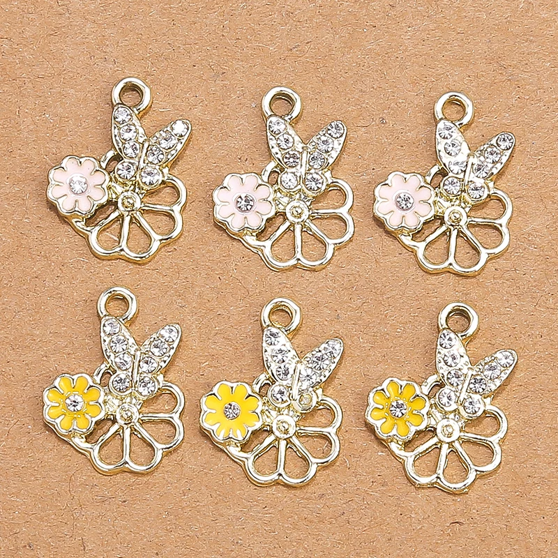 

10pcs 16x19mm Elegant Enamel Flower Charms for Jewelry Making Cute Crystal Butterfly Pendants Charms for DIY Earrings Necklaces