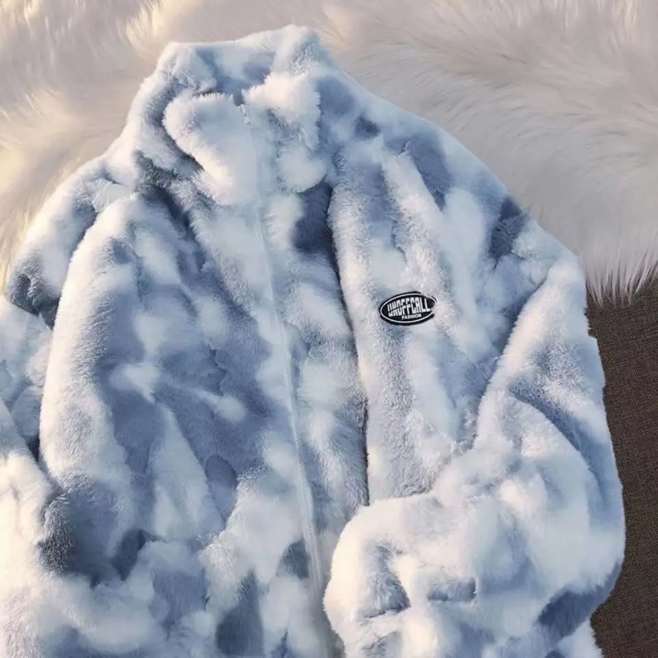 

EYouth Tie Dye Zipper Jacket Real Rabbit Fur Coat Real Fur Winter Clothes Women Long Sleeve Oversize Tops Streetwear Warm Jacket