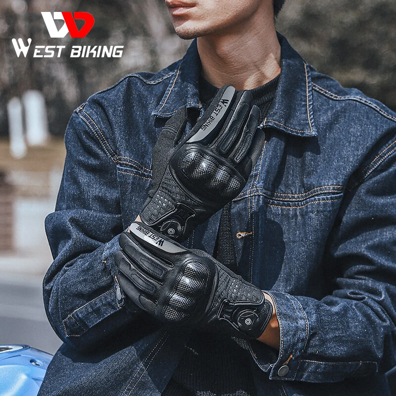 

WEST BIKING Leather Motorcycle Gloves Carbon Fiber 3D Protection Motocross MTB Cycling Gloves Touch Screen Wrist Knob Tightening