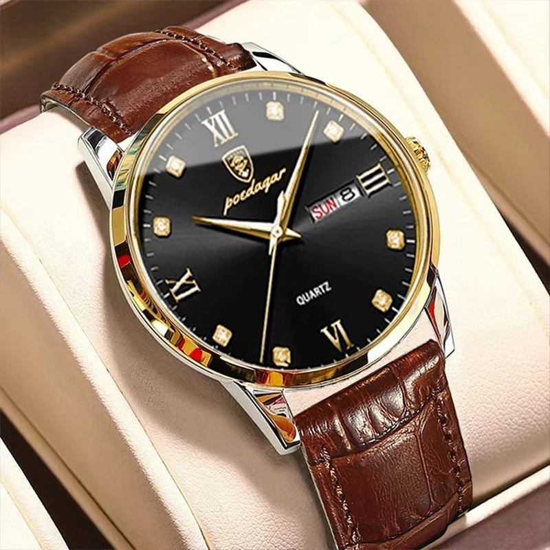 

POEDAGAR Luxury Casual Top Brand Business Male Watches Date Week Waterproof Luminous Leather Dress Men's Watch Relogio Masculino