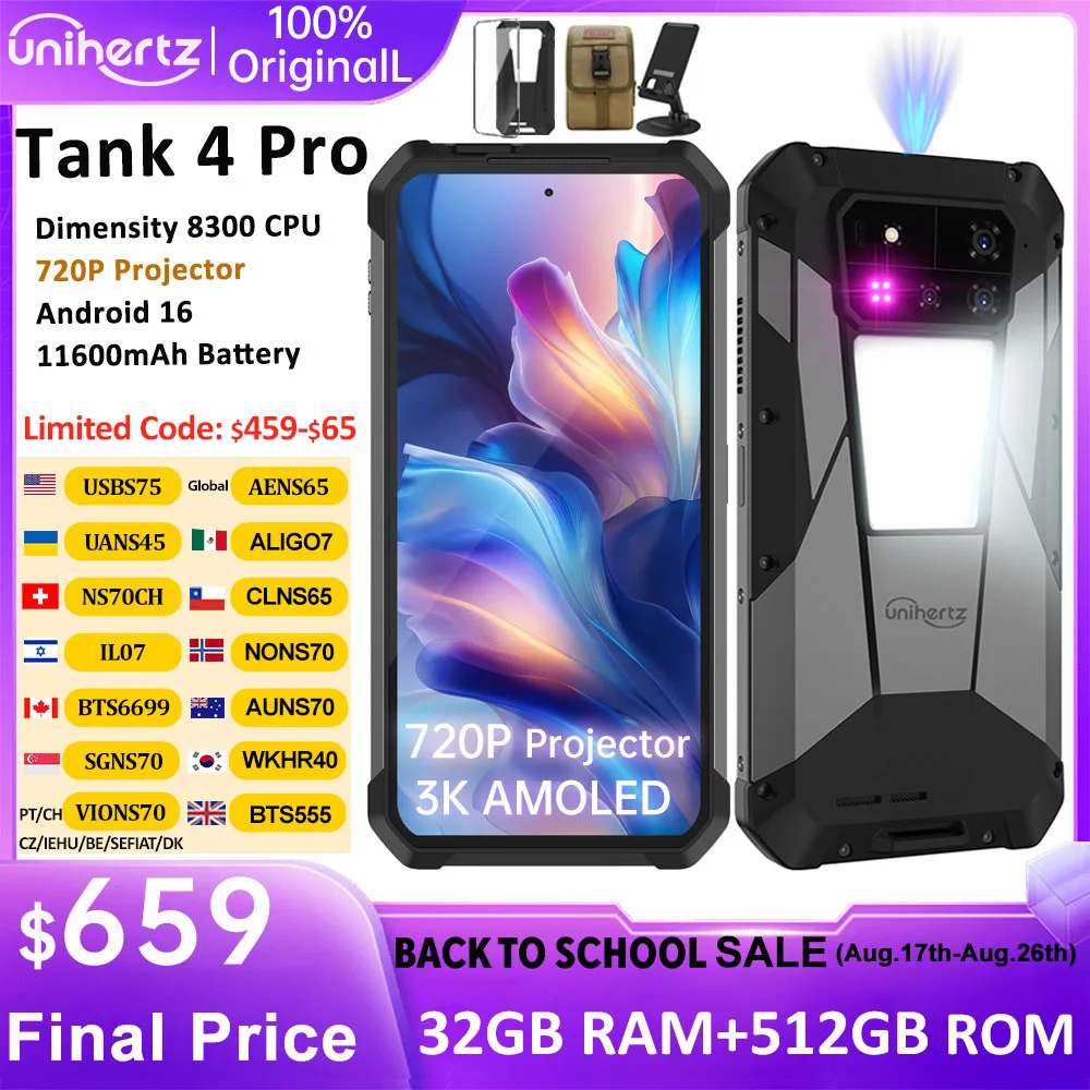 Фото Unihertz by 8849 Tank 4 Pro 5G телефон со встроенным проектором 720P, процессором Dimensity 8300, 16 ГБ/18 ГБ памяти, 3K AMOLED экраном, батареей 11600 мАч, защитой IP68/IP69. №1