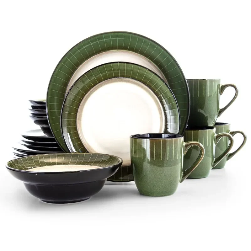 

Durable 16-Piece Jade Stoneware Dinnerware Set - Includes 4 Bowls, 4 Dinner Plates, 4 Dessert Plates & 4 Mugs - Oven-Safe.