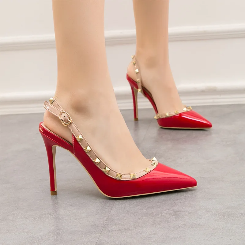 

Туфли-лодочки женские кожаные, заостренный носок, высокий каблук 10 см, пикантная элегантная красная обувь с заклепками, 38 39