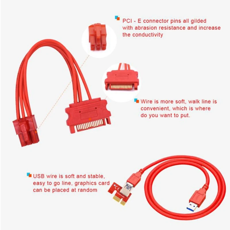 

4Set V013 Pro PCIE Riser 013 Cabo Riser Card Express X1 X16 SATA To 6Pin Power Cable USB 3.0 Cable For Mining Miner