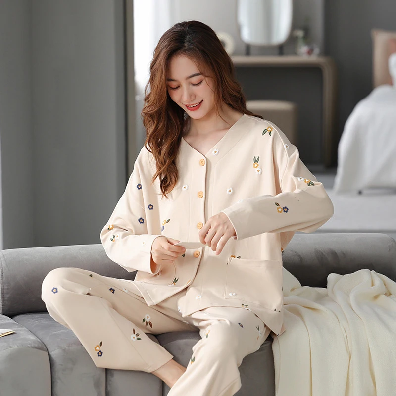 High Quality Pajamas for Women Soft Cotton Sleepwear Long Sleeved New Pijamas Autumn Winter 3XL Blue Korean Women's Pajamas