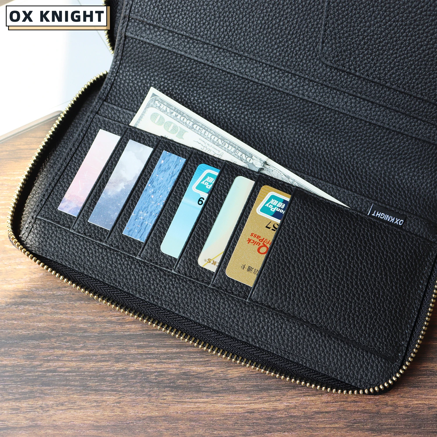 OX KNIGHT Genuine Leather Zipper Organizer Pebbled Grain Cowhide Budget Planner Cardholder Multifunction Agenda Journal Diary