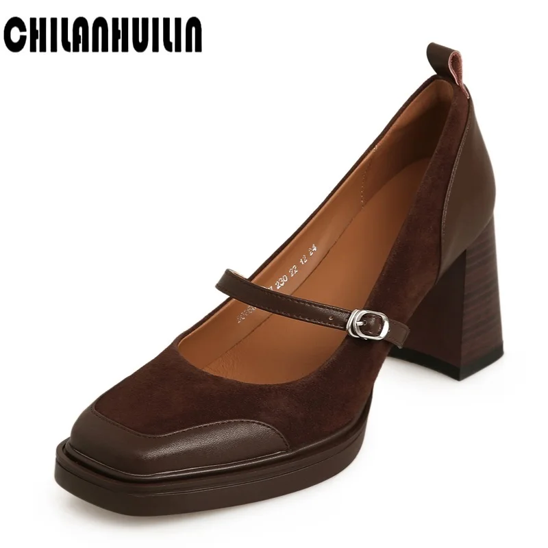 

Туфли-лодочки Женские Кожаные классические, высокий каблук, квадратный носок, пряжка, Классические Вечерние туфли, черные, телесные