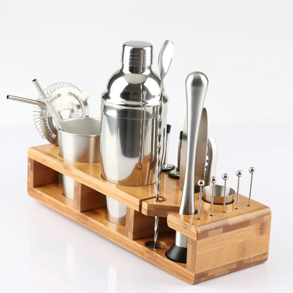 

23pcs Stainless Steel Cocktail Shaker Set Barware Kit with Square Wooden Rack for Bartender Drink Party Bar Tools