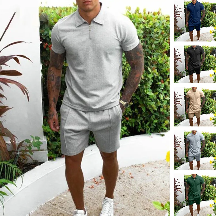 

2022 Summer Men's Tracksuit Cotton Solid Color Short Sleeve Zipper Polo Shirt&Shorts Set for Men Casual Streetwear 2-piece Suit