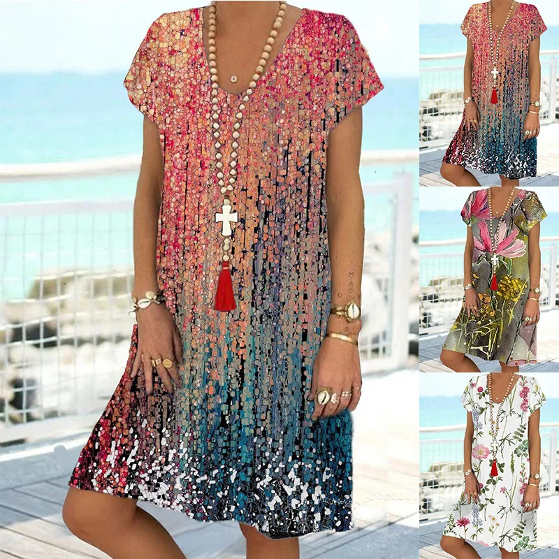 

Женское винтажное платье-рубашка с V-образным вырезом, коротким рукавом и цветочным принтом