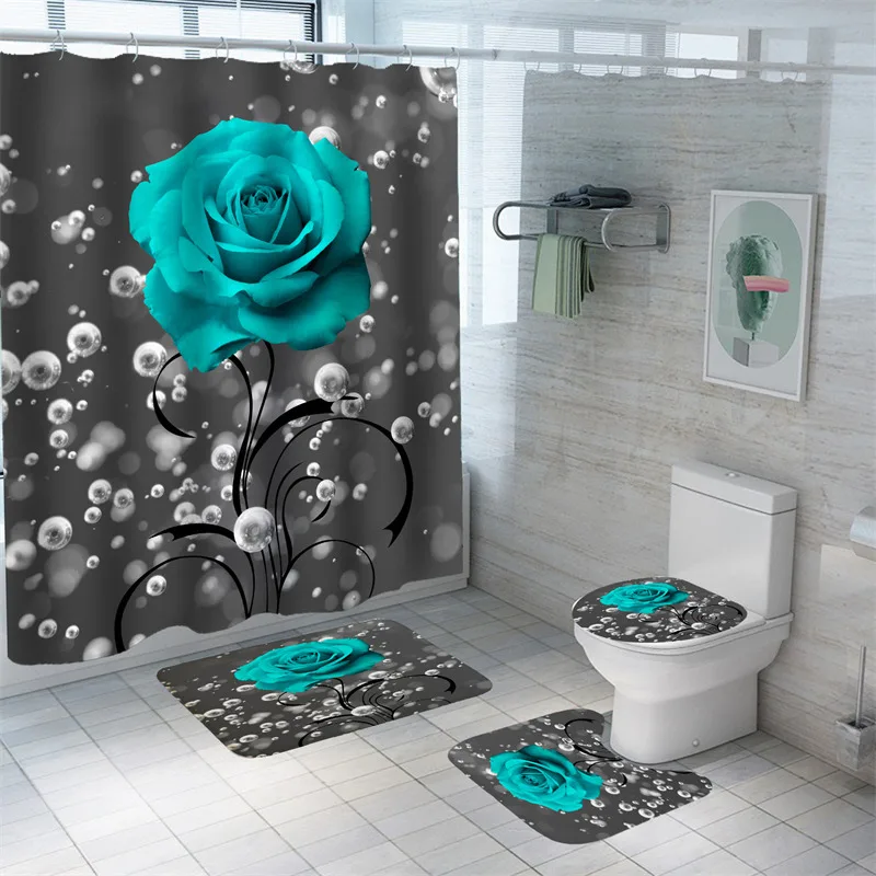 

Rose Flowers Bath Curtain Bath Mat Set Waterproof Comfortable Carpets Mildewproof Eco-Friendly Toilet Rugs For Bathing Cover