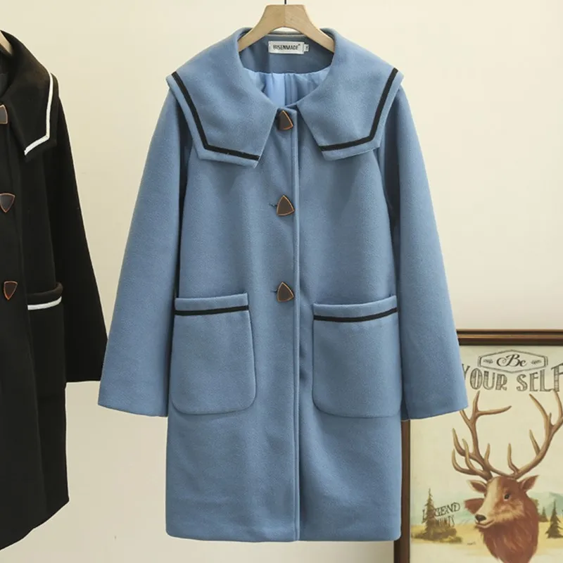 5XL Plus Size Women Woolen Overcoat 2022 Autumn Winter Temperament Navy Collar Long Coat Fashion Single-Breasted Warm Outewear