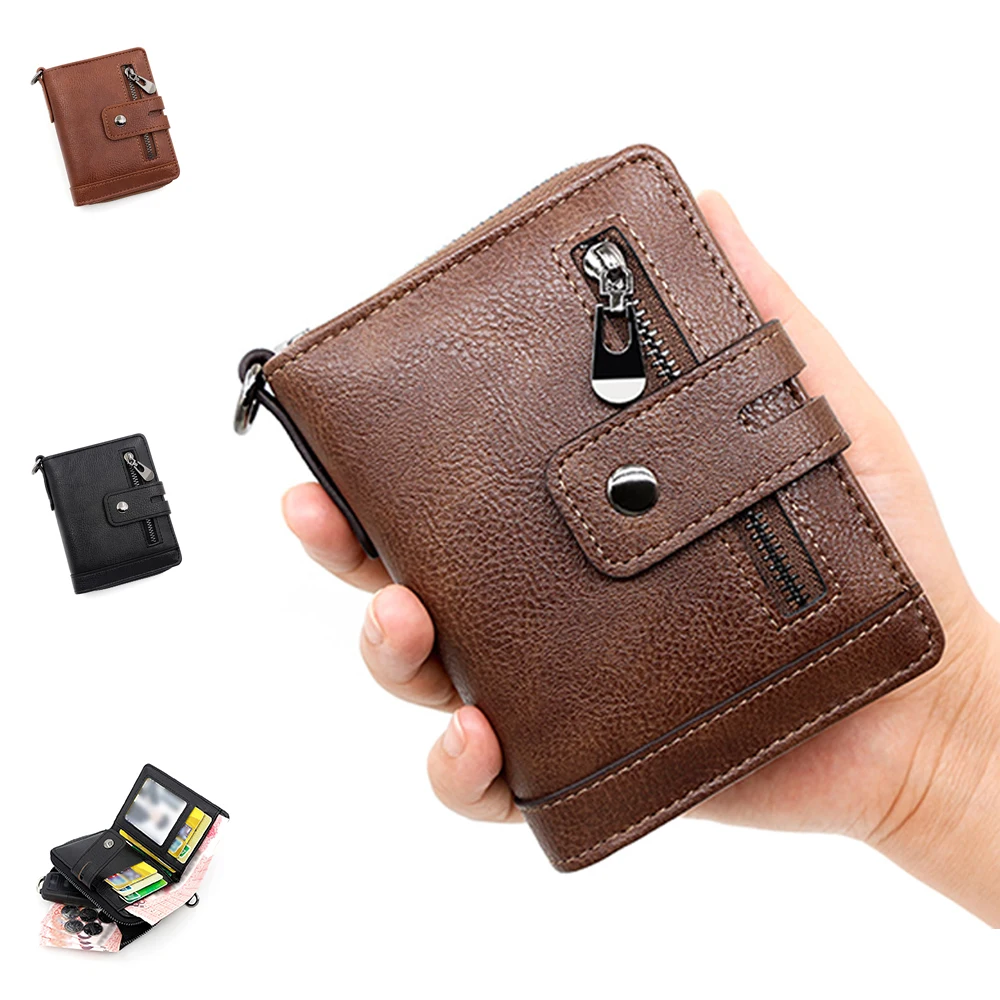 

Men Short Wallet Snap Purse with Credit ID Card Holder Pocket Fashion Vintage Male Mini Coin Purse Zipper Money Bags Purses