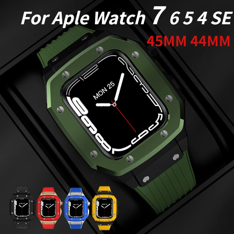 

Modification Kit Strap + Case For Apple Watch 44mm 45mm Zinc Alloy Case+Rubber Strap DIY Kit Cover For iWatch Series 7 6 5 4 SE