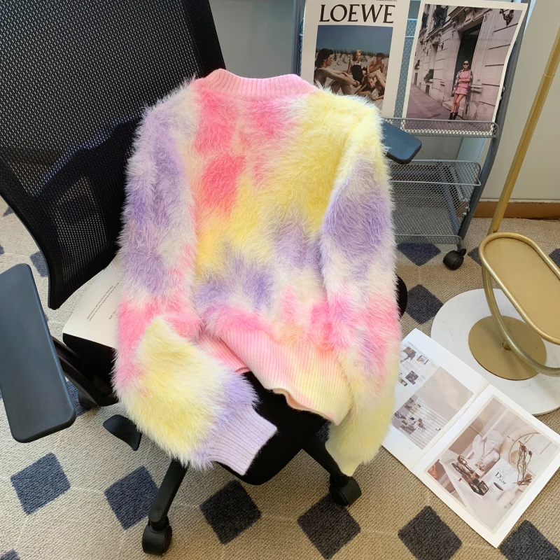 Korean Series Color Stripe Mink Hair Knit sweater Women 2024 Autumn and Winter New Idle Sle Thick Warm Outerwear Top