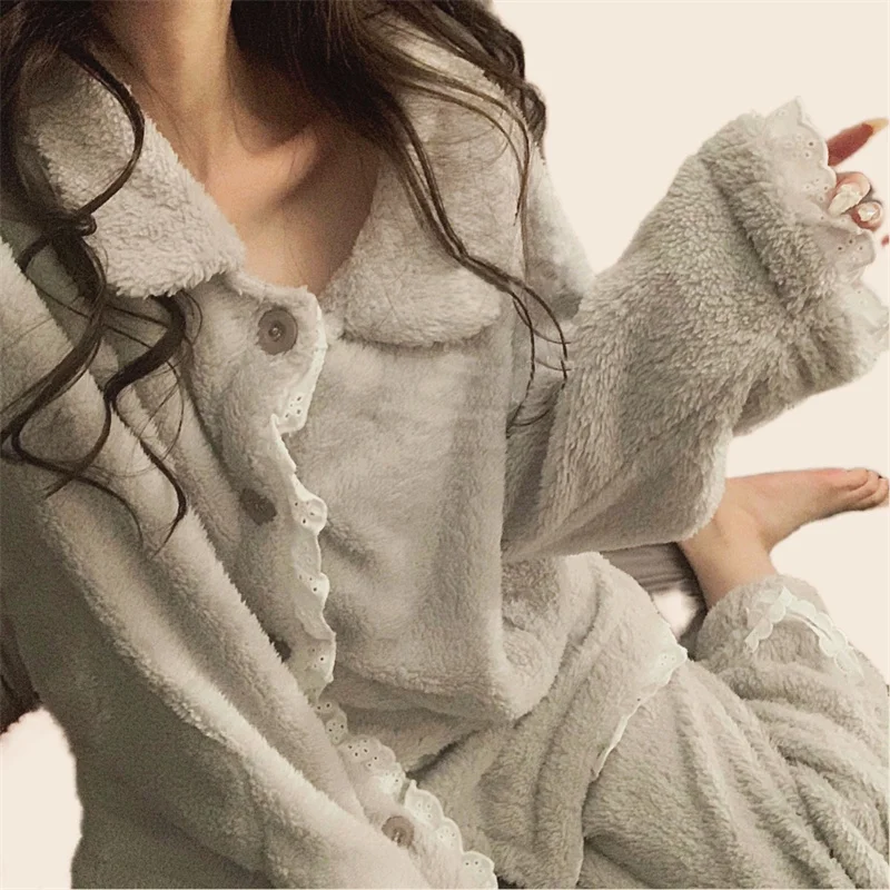 Warm Pajamas Set Flannel Full Sleeve Tops Long Pants Autumn/Winter Sexy Lace Bow Pyjama Homewear Plus Cozy Sleepwear Big Size