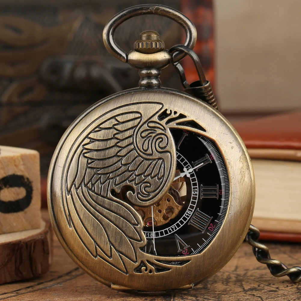 Bronze Half Wing Display Mechanical Pocket Watch Roman Numerals Dial Vintage Fob Chain Pendant Men Clock Hand Winding Timepiece