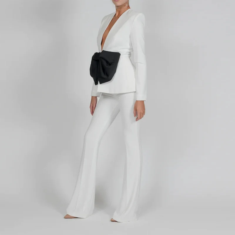 

Autumn Temperament Slim Blazer Suit Women Fashion Long Sleeve Deep V Bow Jacket And Trousers Set Lady Commuter Solid 2 Piece Set