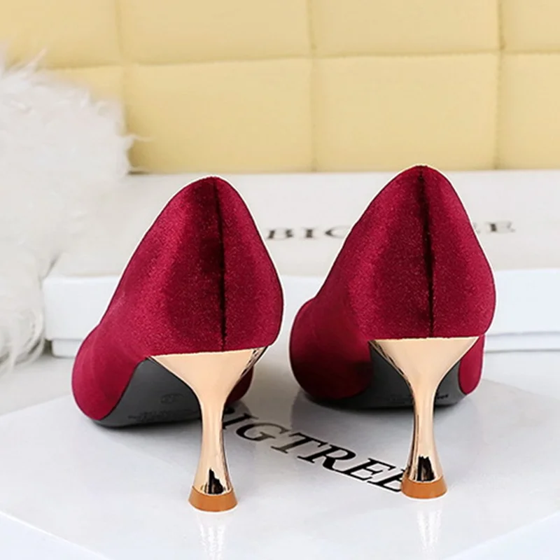 Women Corduroy High Quality Metal Toe Pumps Long Mouth Null Shoes 7cm Med Gold Thin Heels Beige Wine Zapatos De Mujer 34-40 25cm