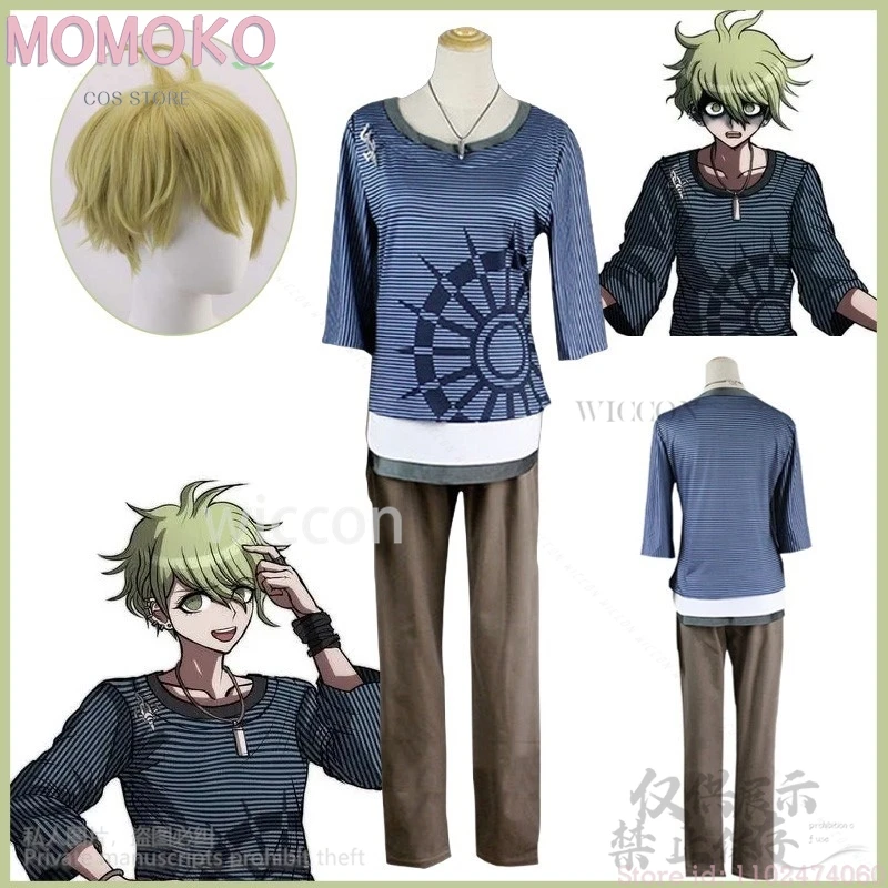 Аниме игра Danganronpaaa V3 Косплей Rantaro Amami Костюм Синий полосатый топ Коричневые брюки
