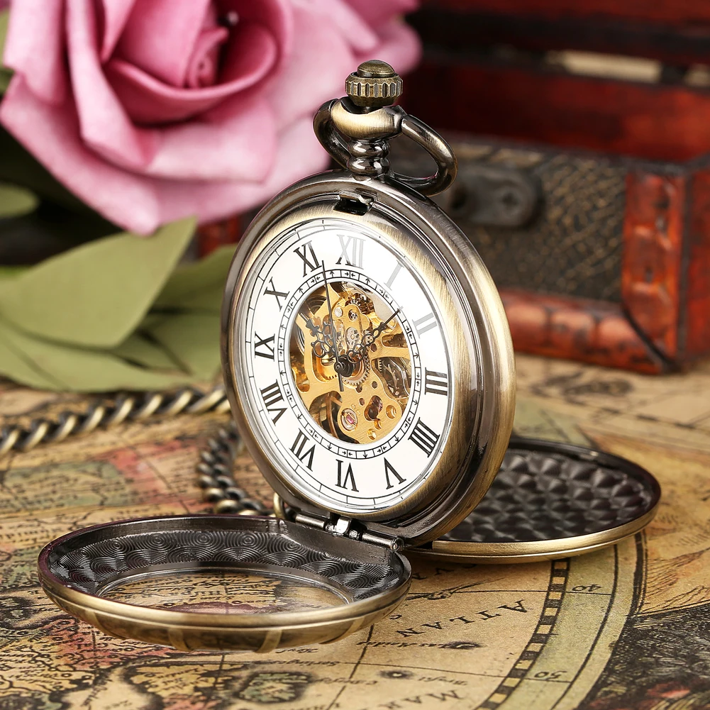 Transparent Glass Bronze Manual Mechanical Pocket Watch Vintage Pocket Chain Hand Winding Mechanism Timepiece Double Cover