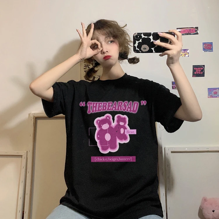 

6737 2022 new loose fashion chic western style double bear print short-sleeved T-shirt