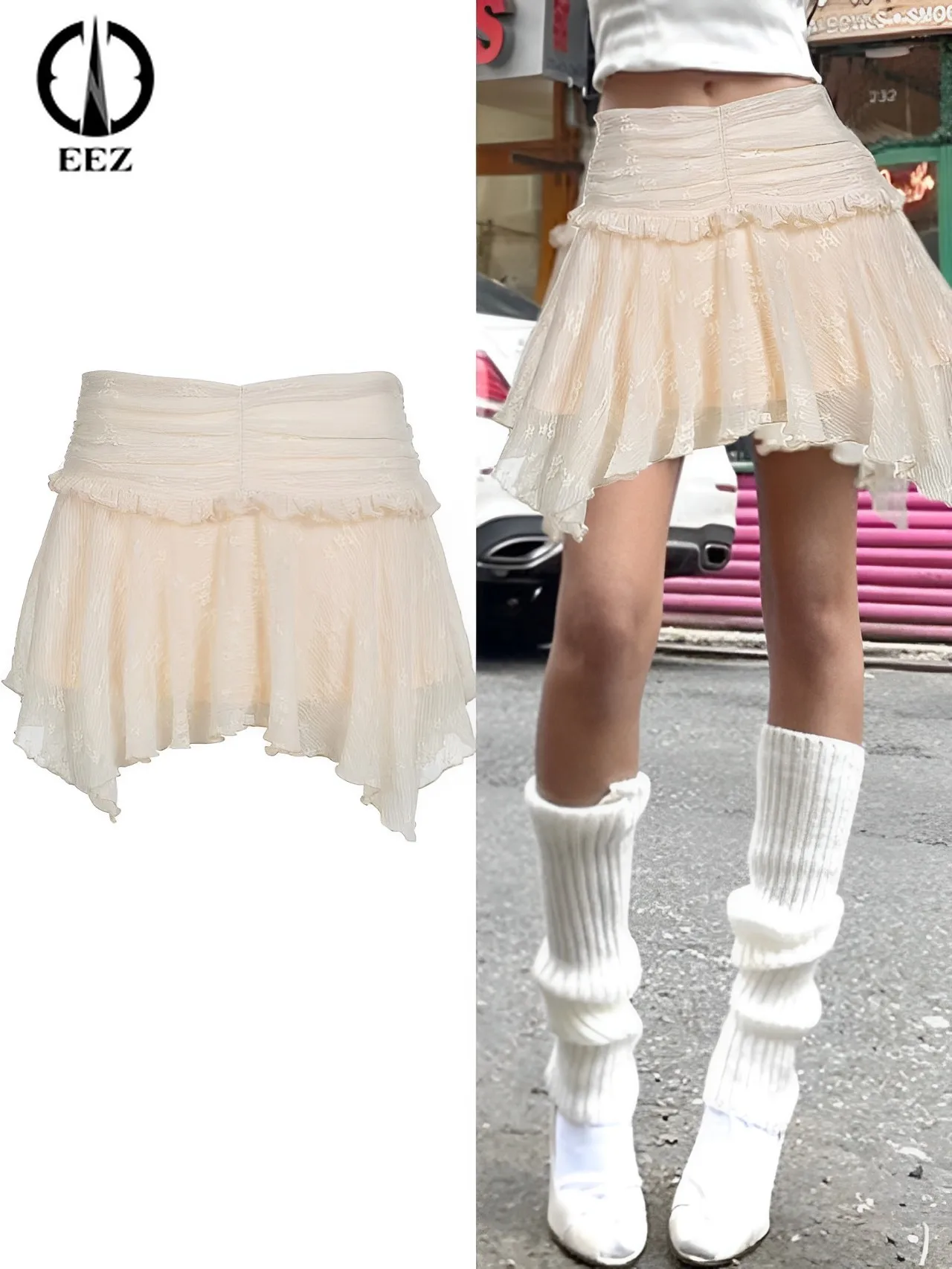 

Korean Aesthetic Ruffles Trim Pleated Skirts Women Vintage Fariycore Chic Cute Y2k Mini Skirts Fashion Harajuku Outfits 2023 New