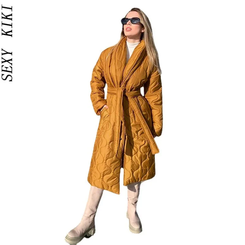 Winter new long lace-up padded jacket design sense women's fashion casual warm padded jacket