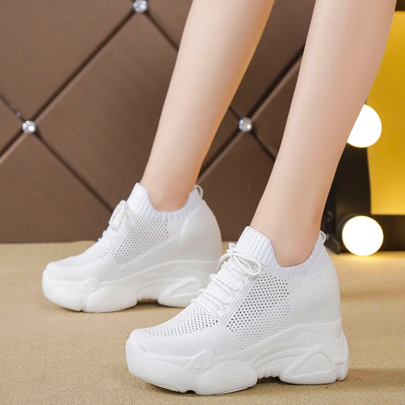 

Hot New 2022 Breathable Comfortable Mesh Lace up Chunky Platform Sneakers Women Spring Fall Height Increasing Casual Shoes White